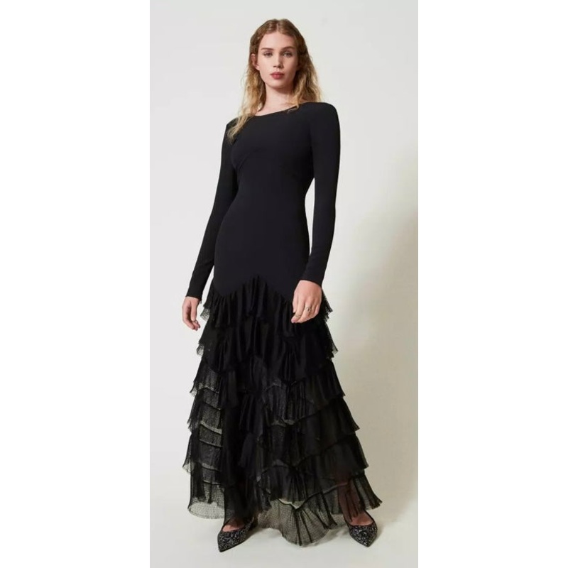 Twinset Milano Long Black Dress with Lace Flounce Frill Botton
