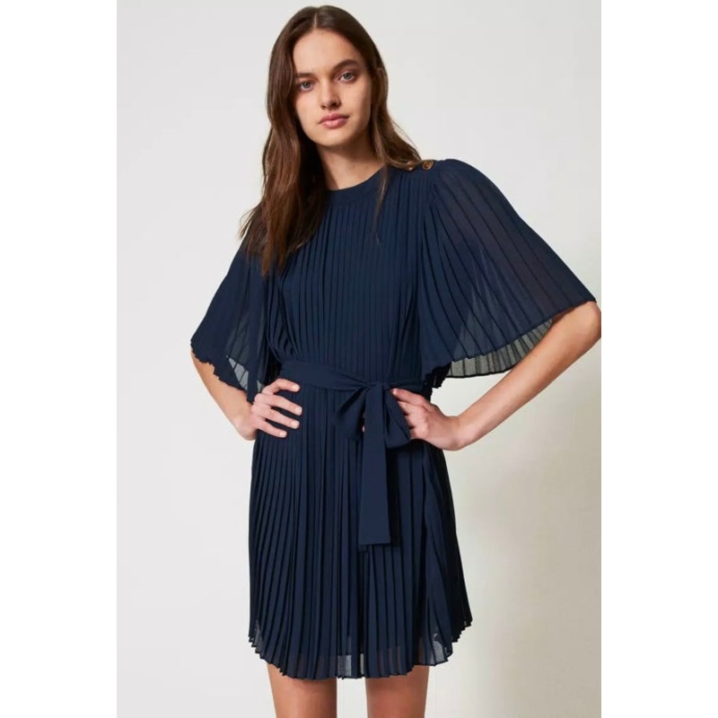 Twinset Milano Navy Pleated Georgette Short Dress