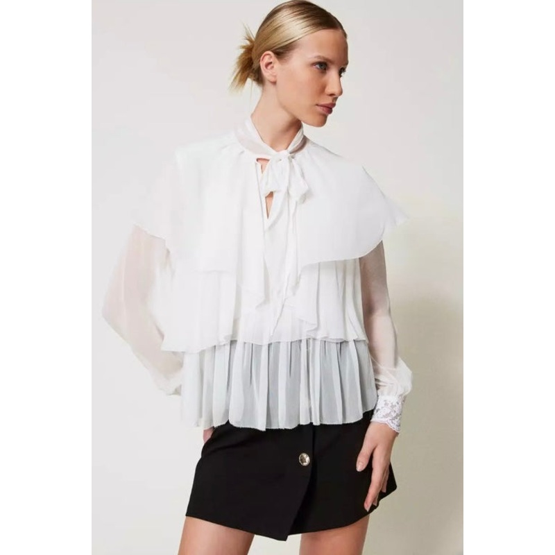 Twinset Milano Snow White Georgette Blouse with Frill & Lace