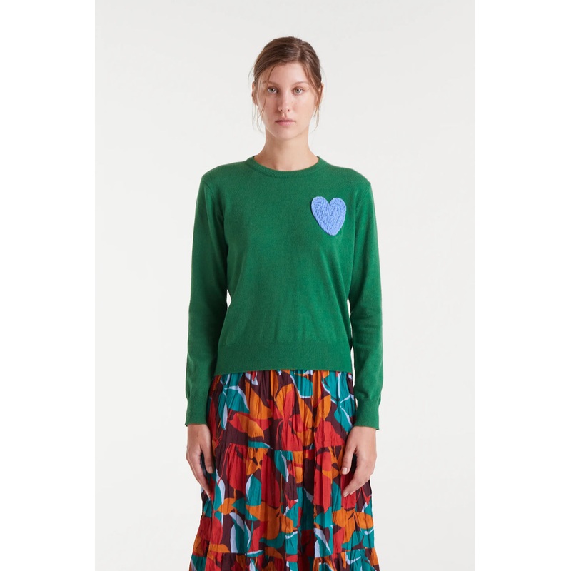 Compaia Fantstica Green Fine Knit Jumper with Blue Crochet Heart