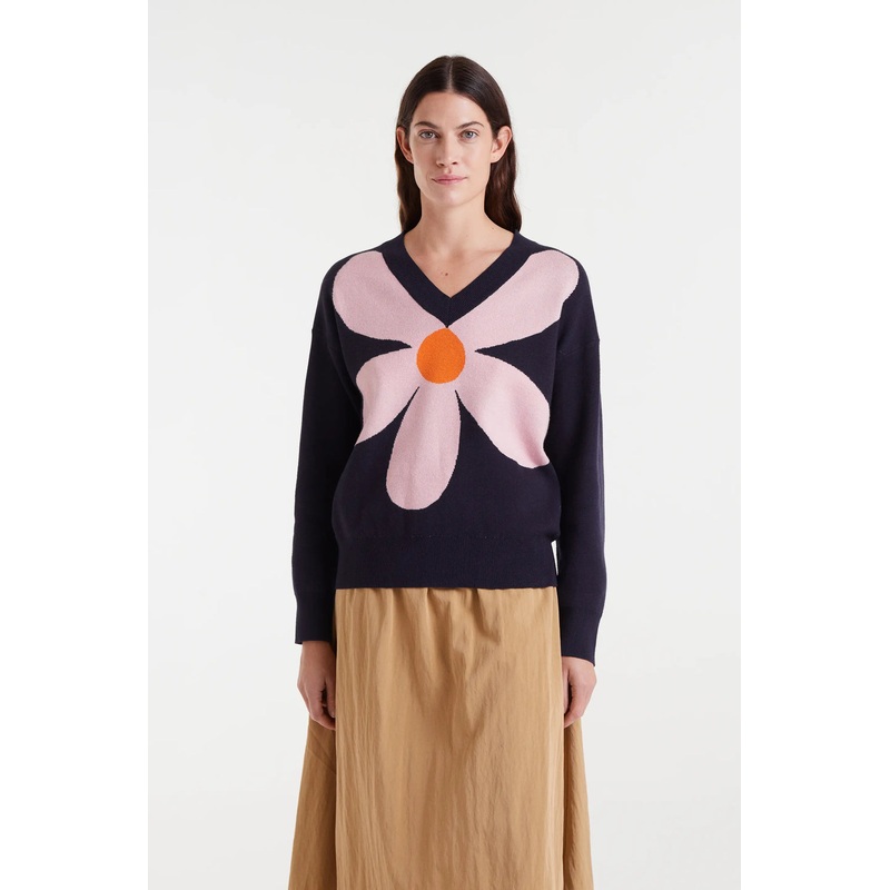 Compania Fantastica Navy V-Neck Sweater with Graphic Flower Print