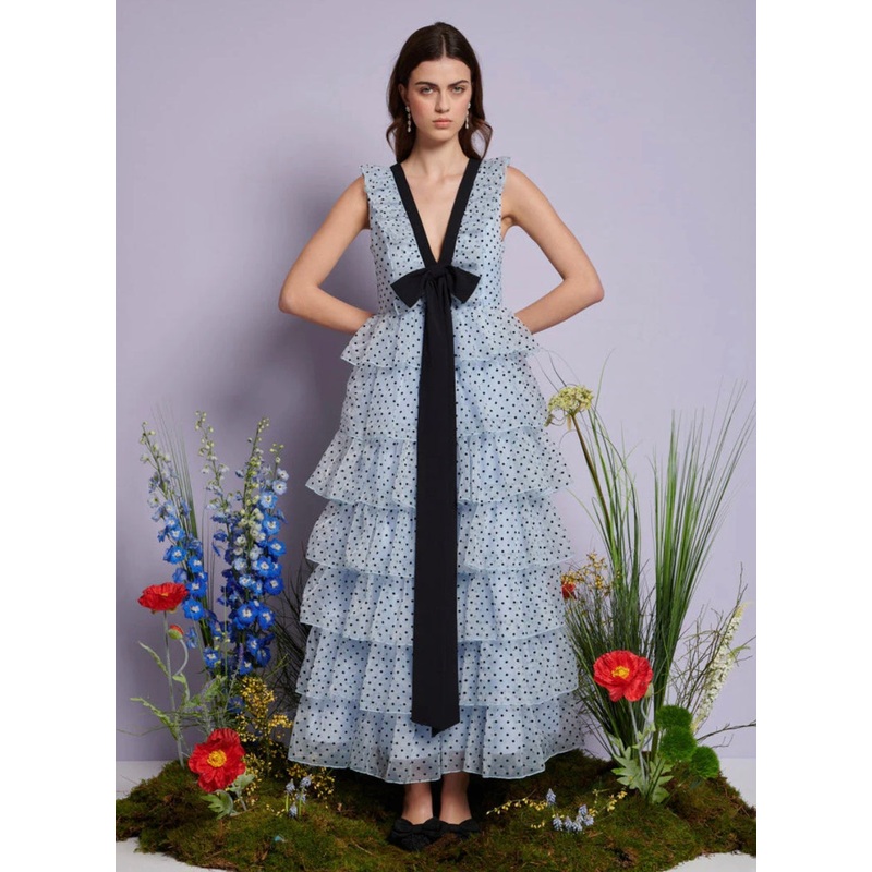 DREAM Sister Jane Blue Ruffle Midi Dress with Polka Dots