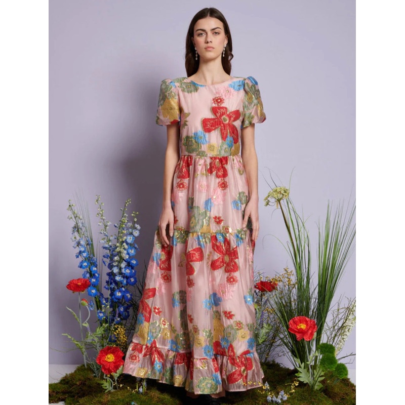 DREAM Sister Jane Pink & Red Floral Camellia Jacquard Maxi Dress