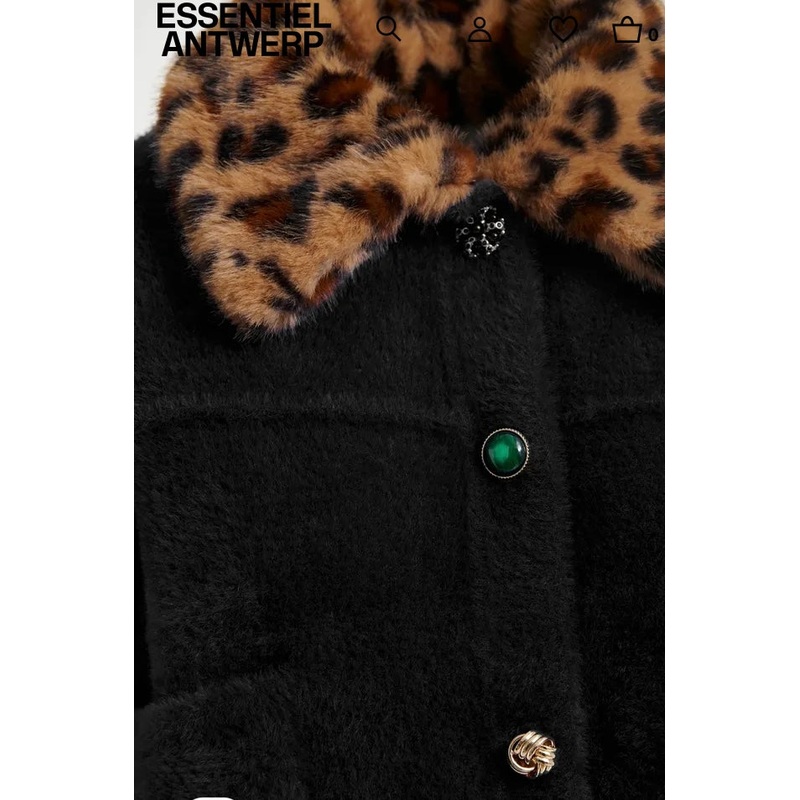Essentiel Antwerp Black Furry Cardi-Jacket with Removable Leopard Faux Fur Collar