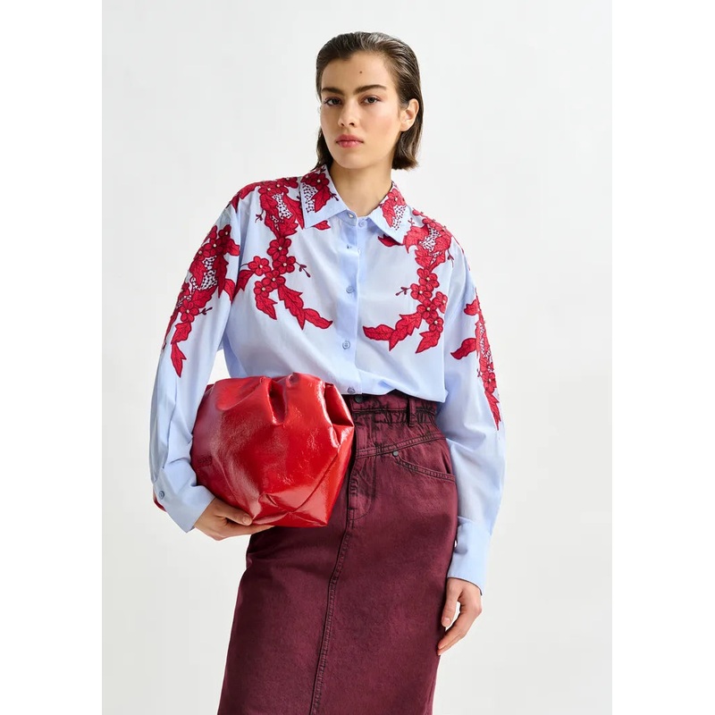 Essentiel Antwerp Blue Cotton Shirt with Burgundy Appliqu and Rhinestone Embellishment