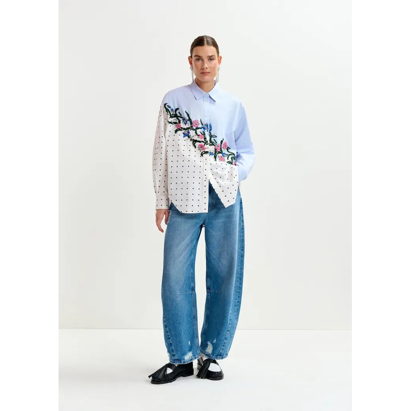 Essentiel Antwerp Blue & Polka Dot Oversized Cotton Shirt with beading