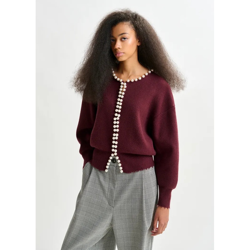 Essentiel Antwerp Burgundy Cardigan with Pearl Embellishments