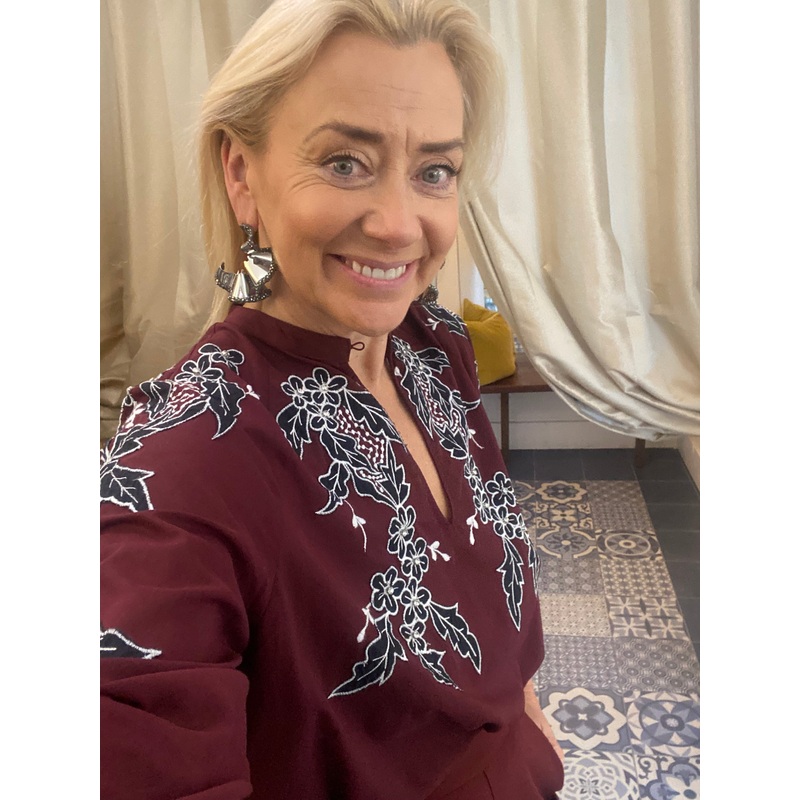 Essentiel Antwerp Burgundy Cotton Shirt with Black & White Applique & Rhinestone Embellishments