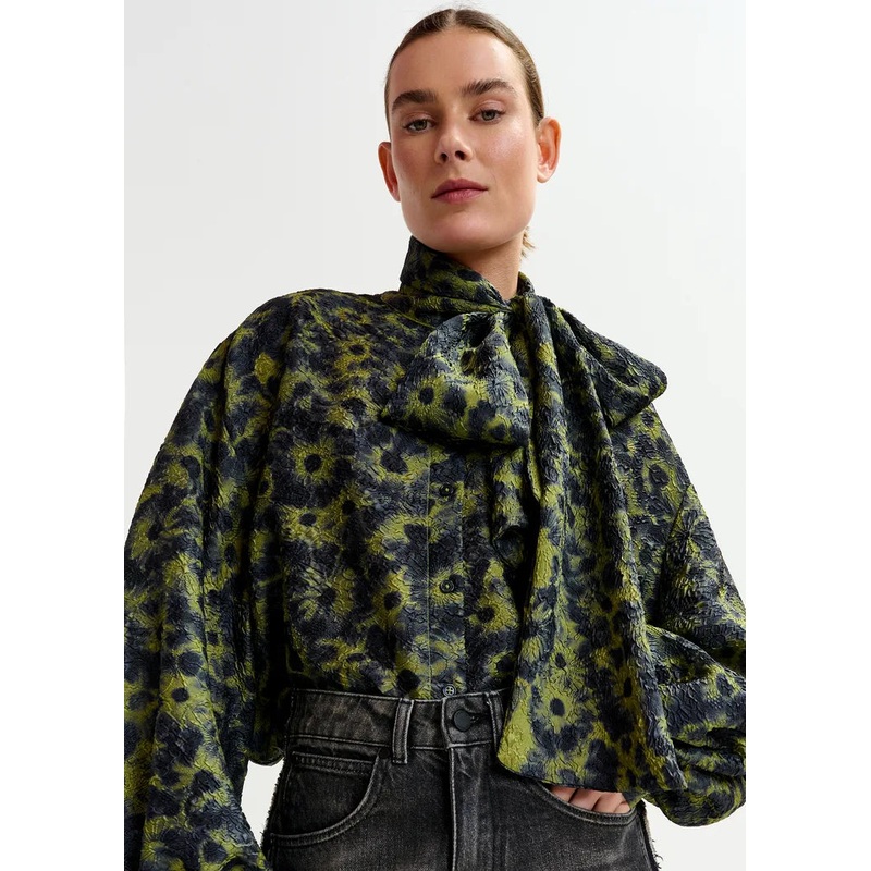 Essentiel Antwerp Green & Navy Jacquard PussyBow Blouse