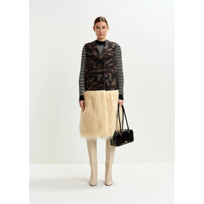 Essentiel Antwerp Khaki Camouflage Wool-Blend Long Gilet Jacket with Off-White Faux Fur