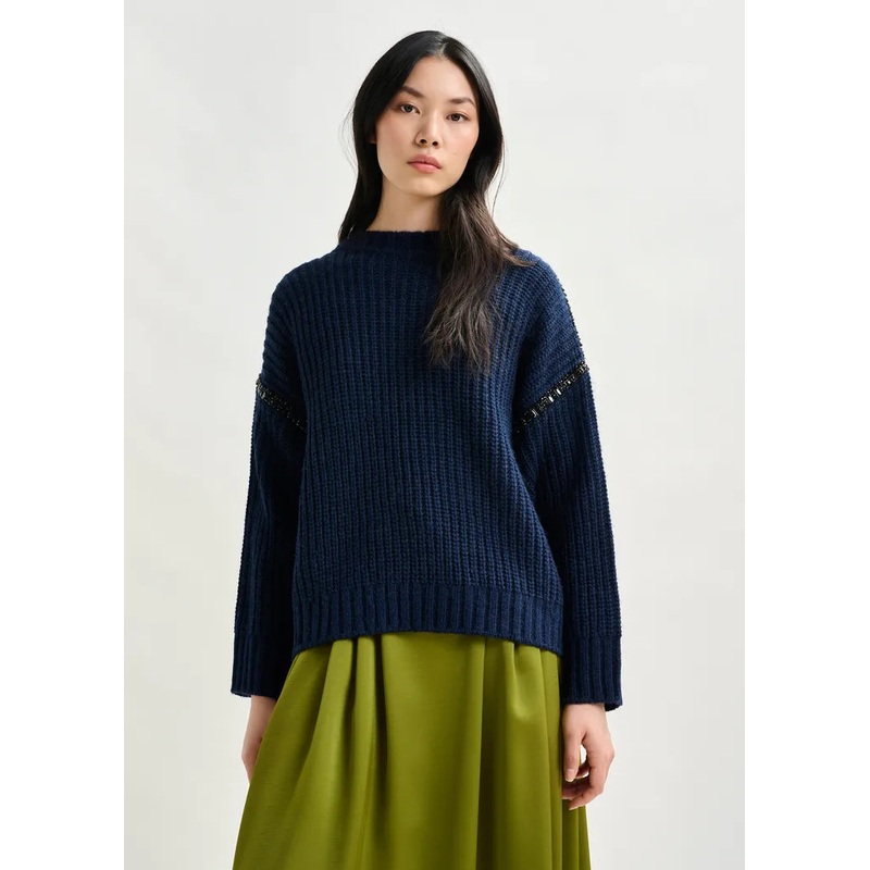 Essentiel Antwerp Navy Chunky Knit Jumper with Detachable Turtleneck