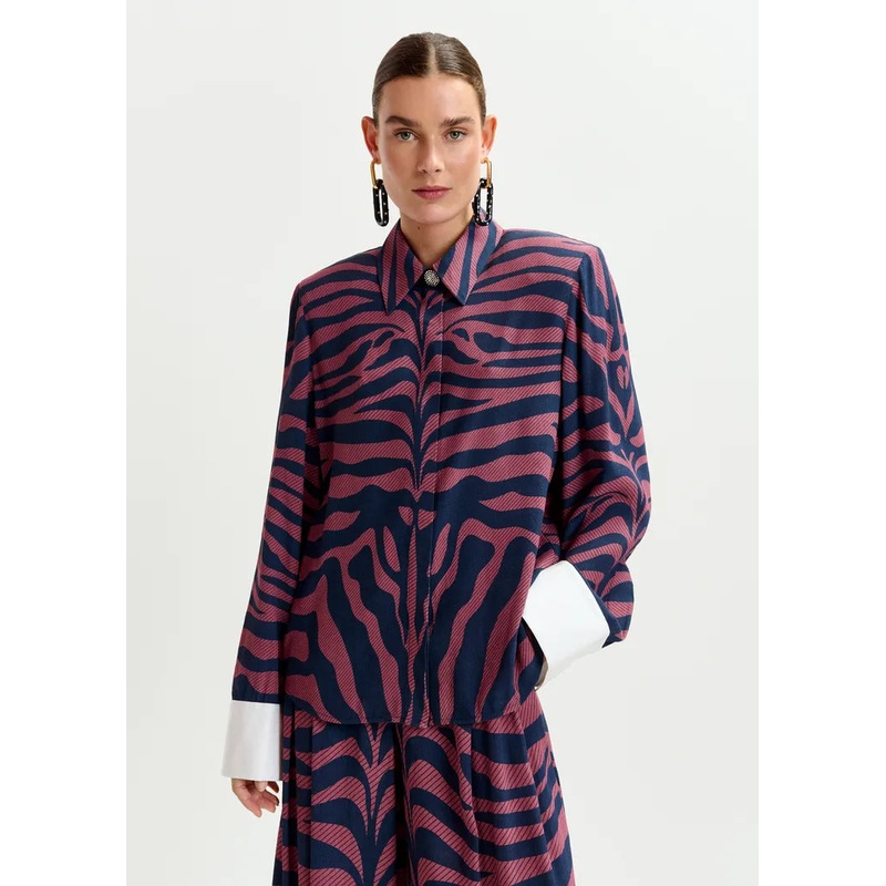 Essentiel Antwerp Navy & Mauve Zebra Print Shirt with White Cuff