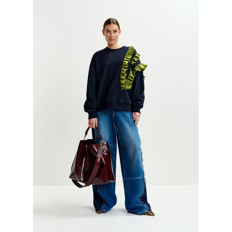 Essentiel Antwerp Navy Sweatshirt with Green Frill Trim