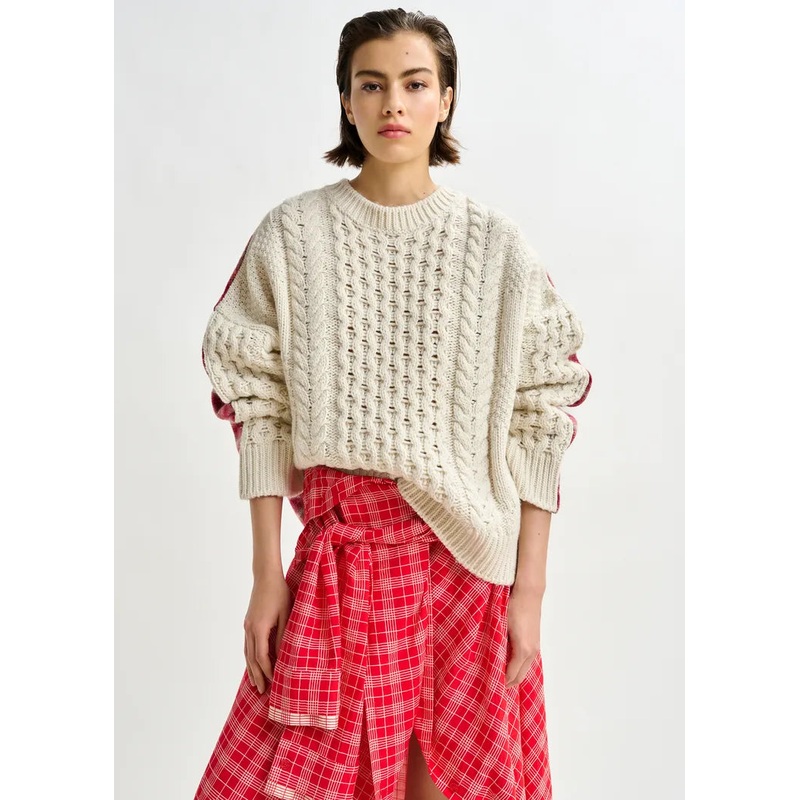 Essentiel Antwerp Off-White Cable-Knit Wool-Blend Sweater with Checked Back Panel