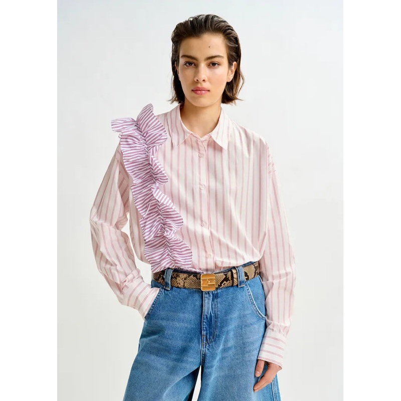 Essentiel Antwerp Pink Striped Cotton Shirt with Ruffle Detail