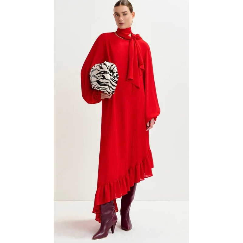 Essentiel Antwerp Red Asymmetrical Dress with Ruffle Hem & Pussybow Tie / Belt