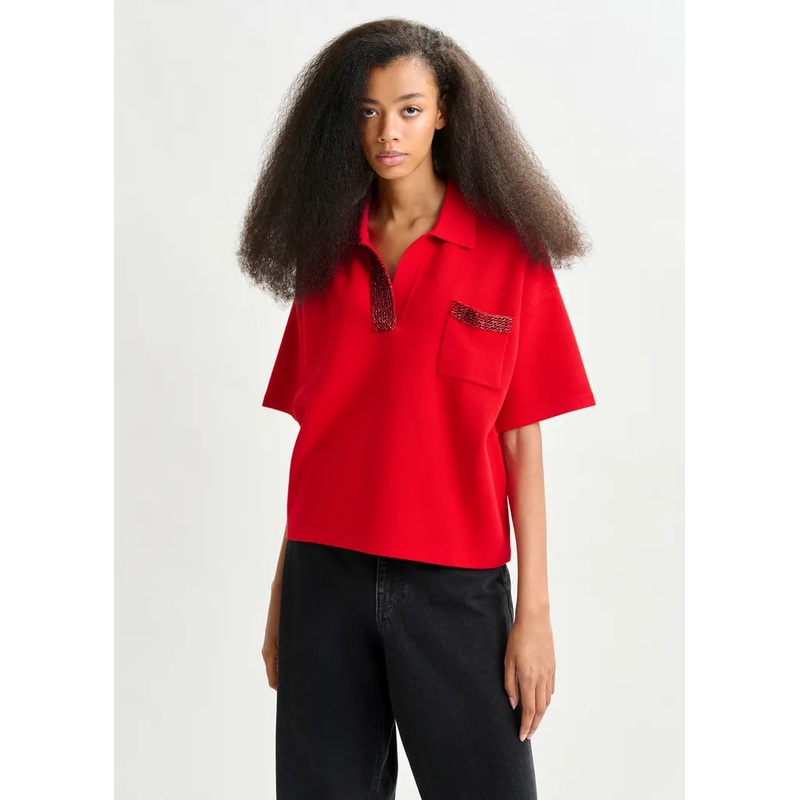 Essentiel Antwerp Red Polo Top with Bead Embellishments