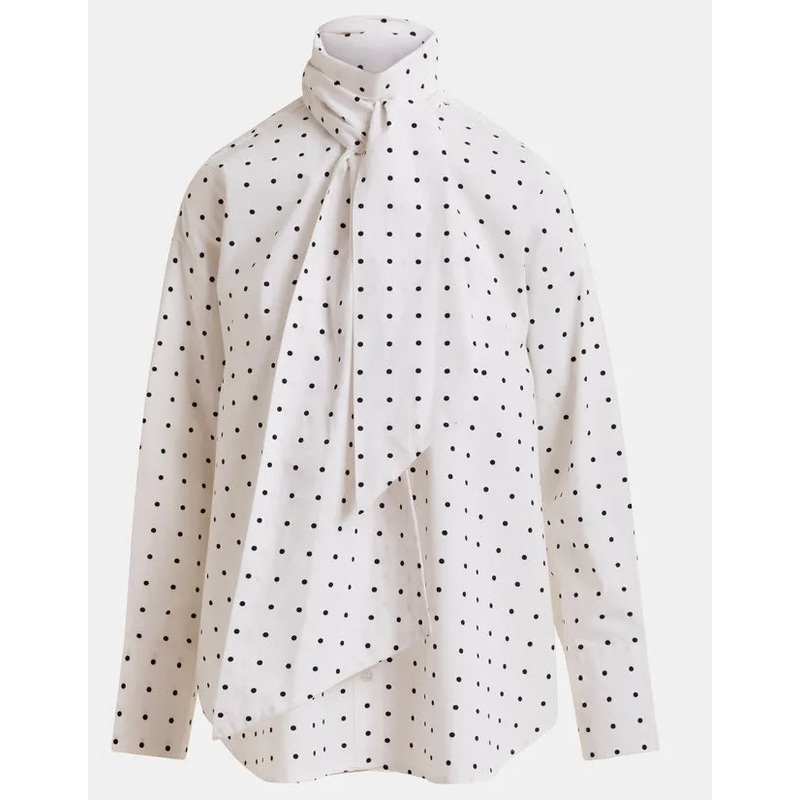 Essentiel Antwerp White with Black Polka Dot Cotton Pussybow Shirt