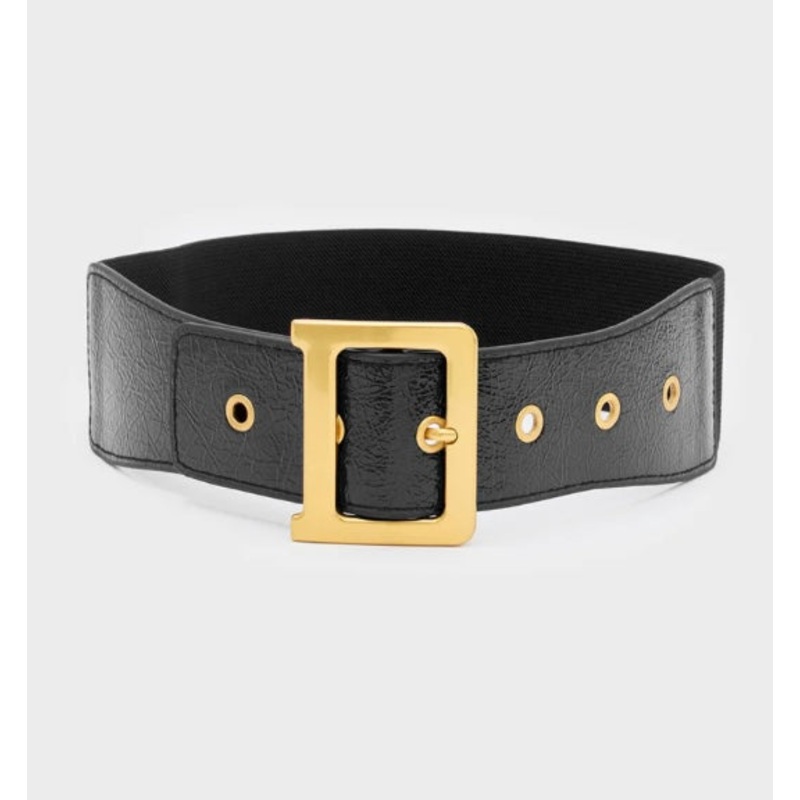 Nali Black Elasticated Belt with Gold Hardware