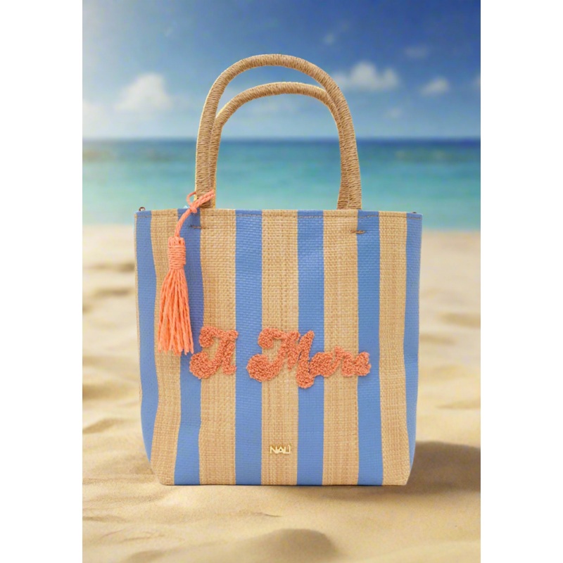 NALI Raffia Bag with Blue Stripe & Orange Lettering