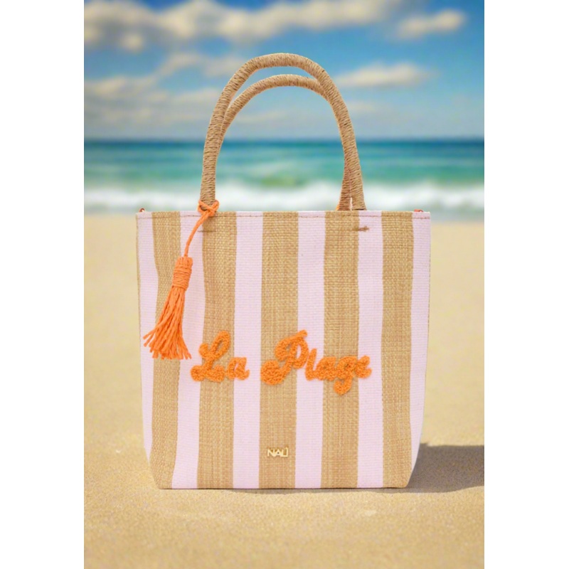 NALI Raffia Bag with Pink Stripe & Orange Lettering