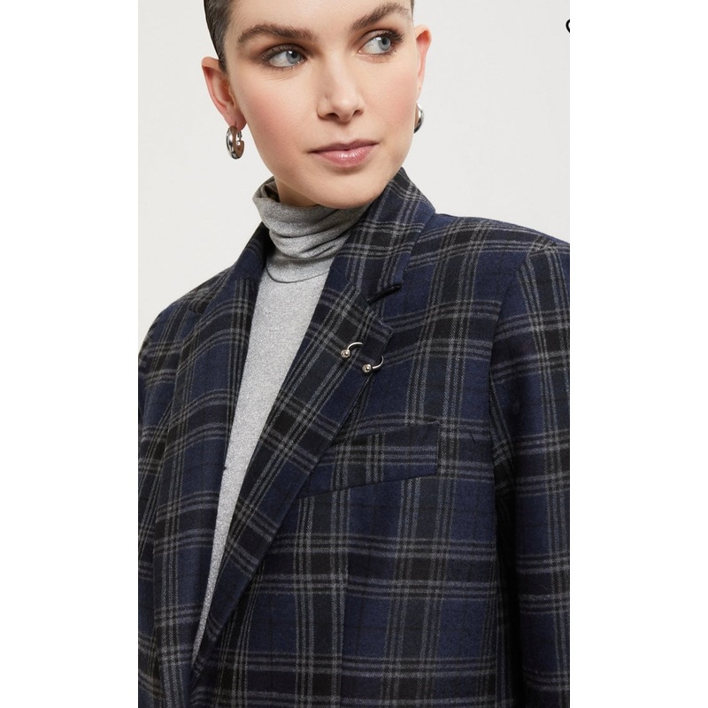 Otto’dame Navy Tartan Wool Oversized Blazer