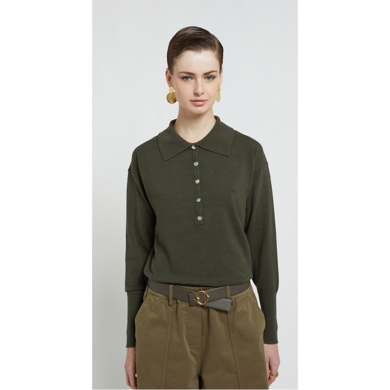 OttodAme Army Green Fine Knit Jumper with Polo Collar