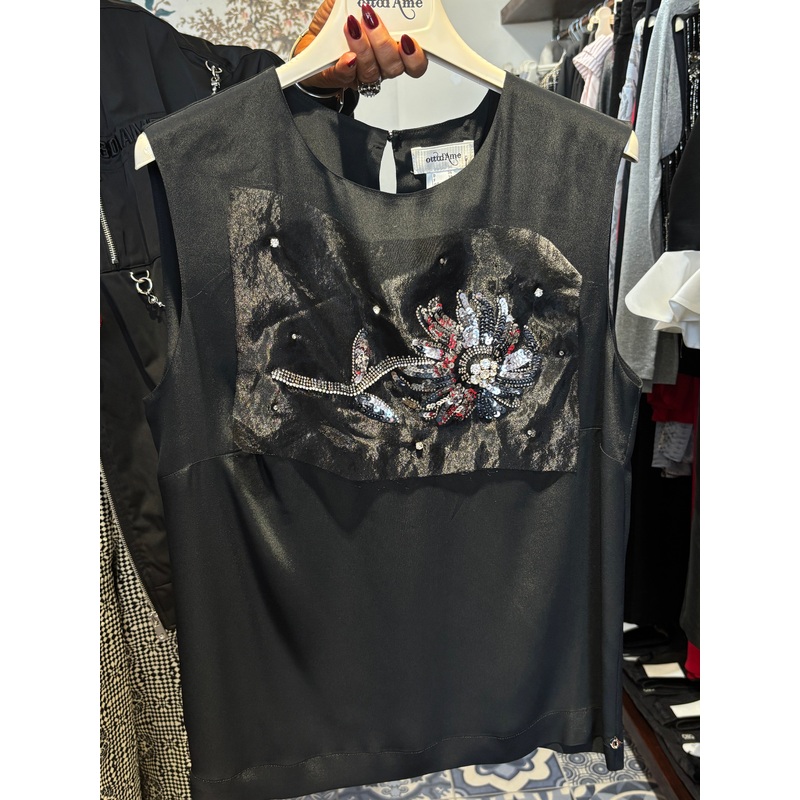 OttodAme Black Flowy Tank Top with Embroidery