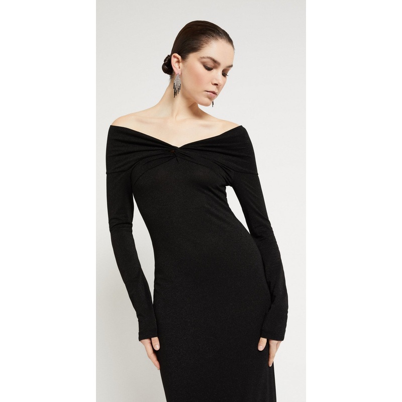 OttodAme Black Long Sleeve Off-Shoulder Long Dress.