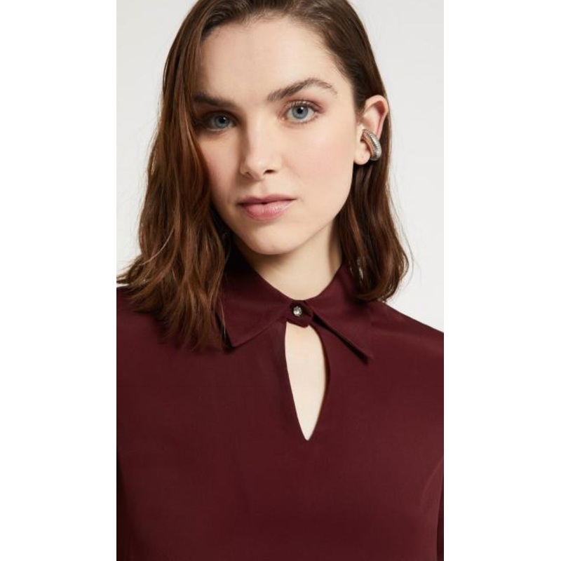 OttodAme Burgundy Silk Viscose Blouse with Collar & Keyhole Neckline