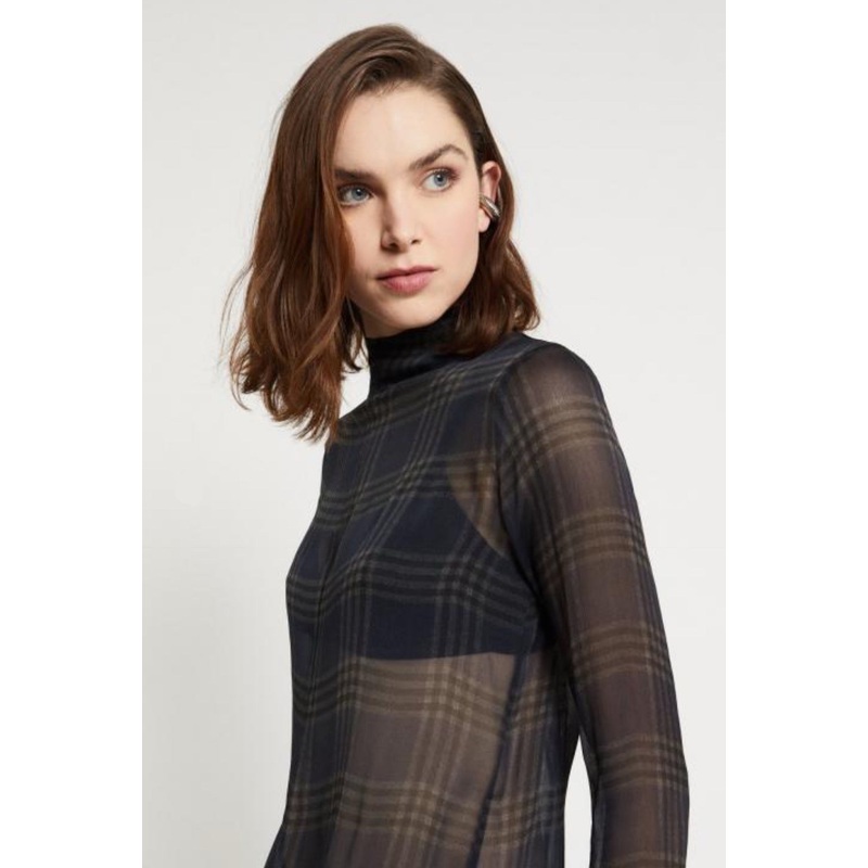 OttodAme Navy Tartan Silk Chiffon  Blouse