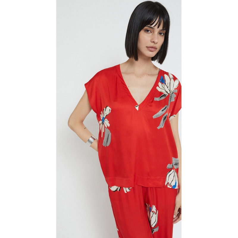 OttodAme Red V-Neck Blouse with Floral Print