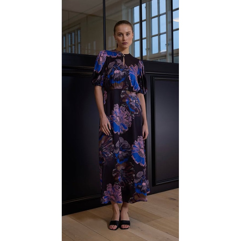 RDF Black Midi Dress with Blue & Lilac Floral Print