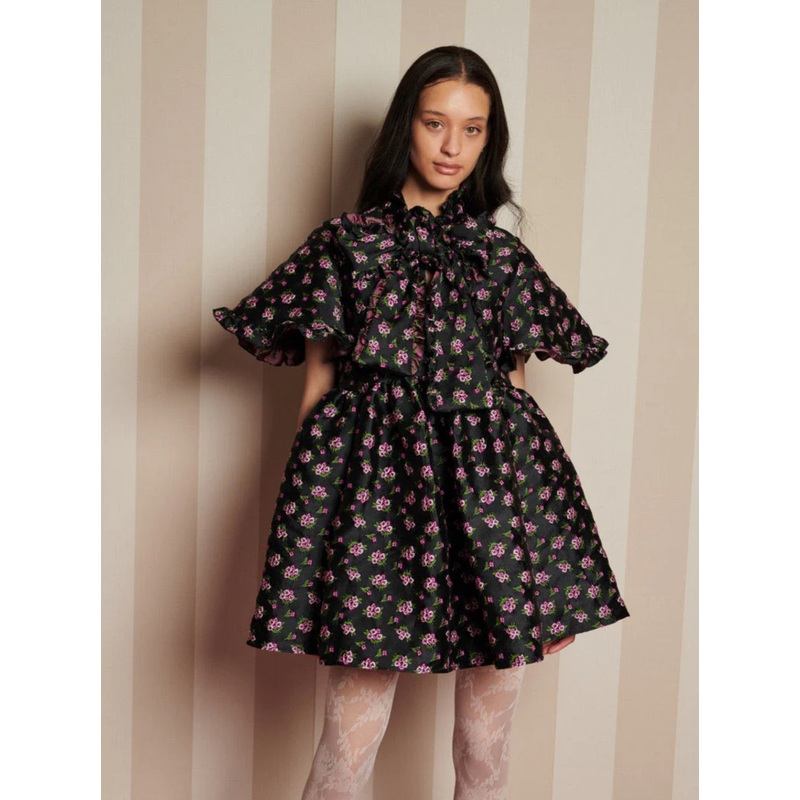 Sister Jane Black Jacquard Mini Dress with Purple Floral Print