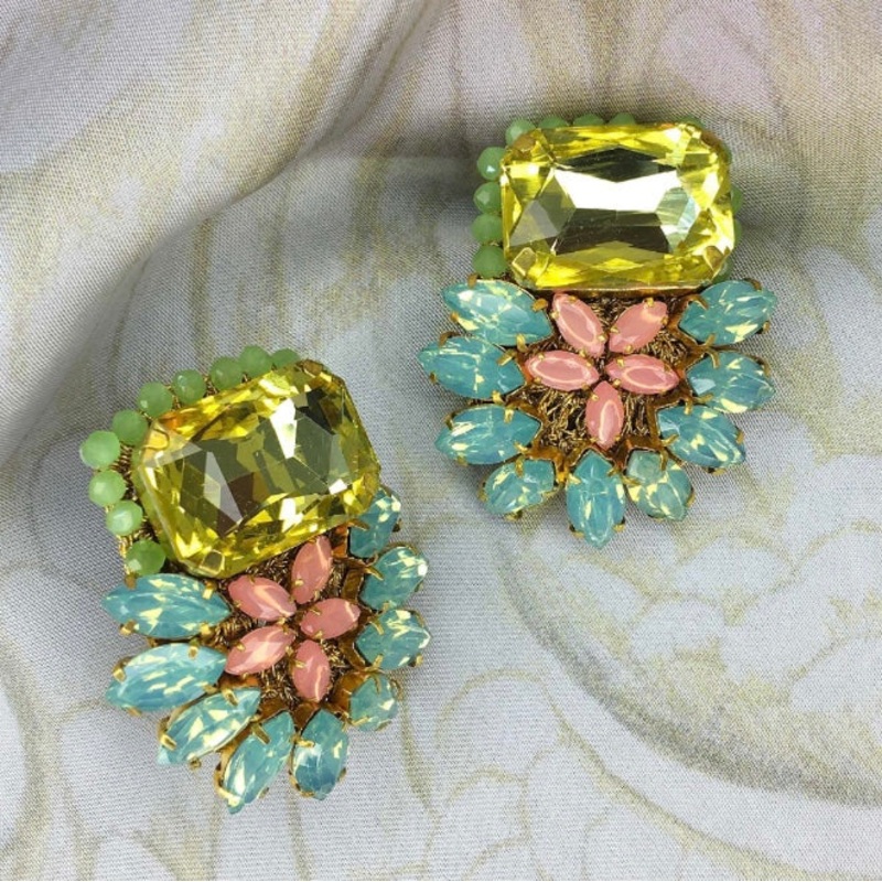 St. Erasmus Green / Pink / Torquoise Button Earrings