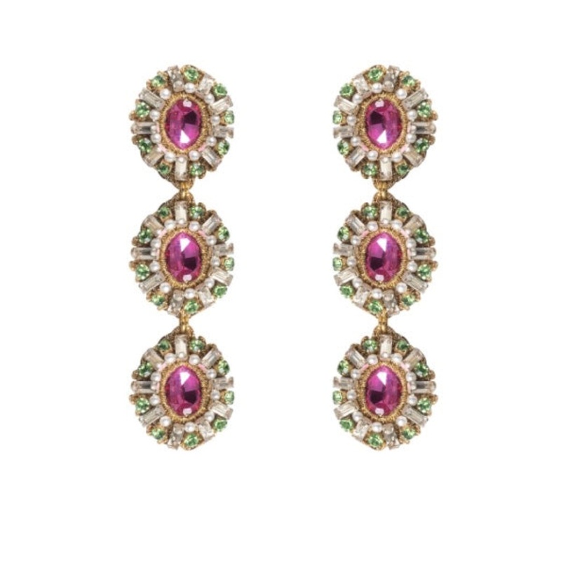 St. Erasmus Triple Crystal Claudia Earrings in Pink & Green
