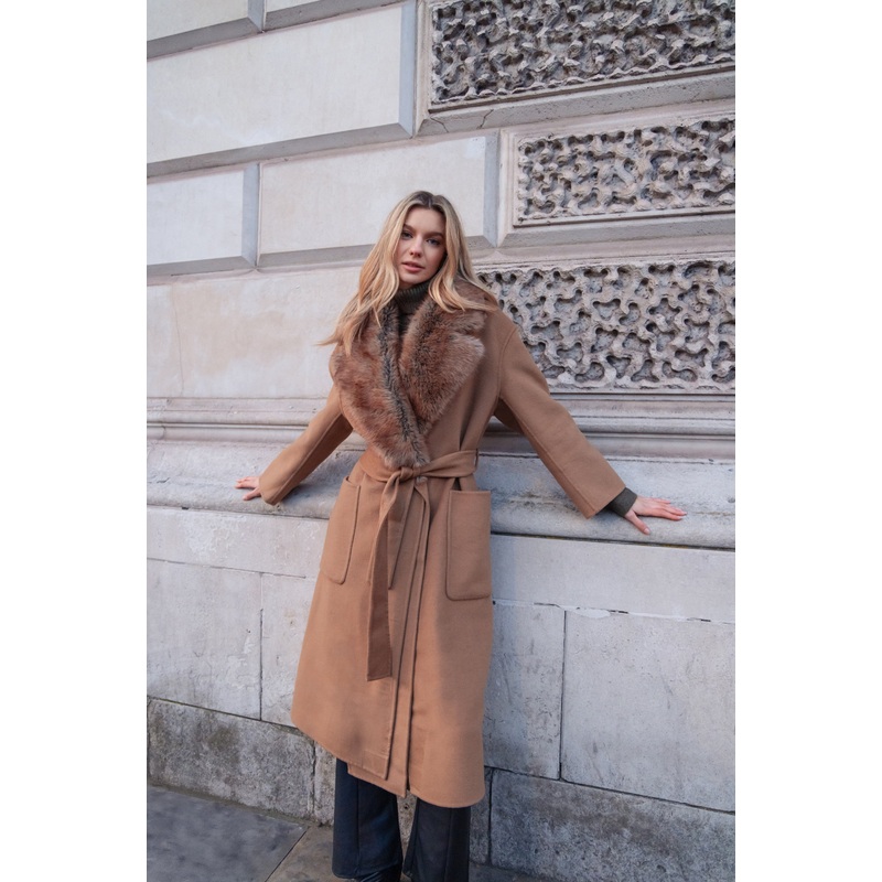URBANCODE Camel Belted Coat with Detachable Faux Fur Collar/Shawl