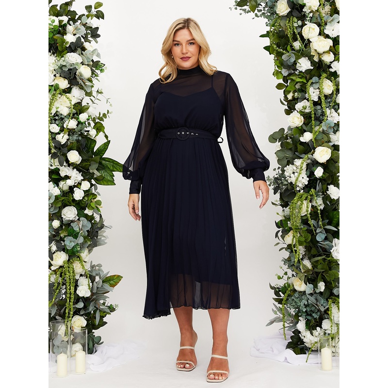 Angelina High Neck Pleated Dress / Navy