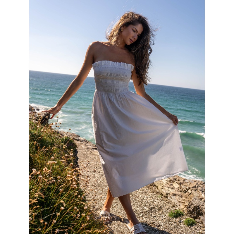 Betty Cotton Shirred Bandeau Dress in White