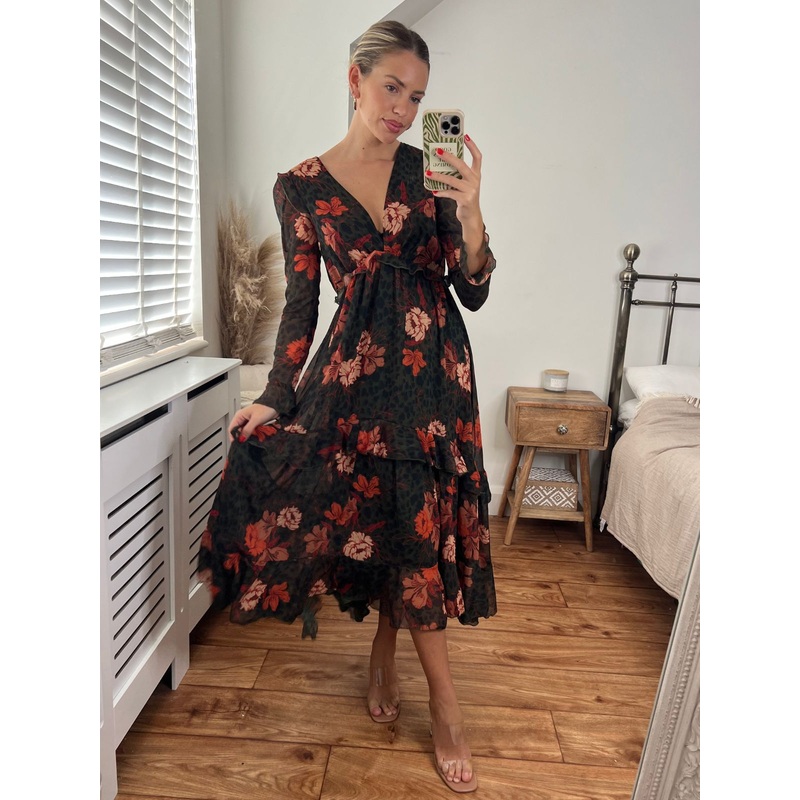 Birdie Frill Tie Back Dress / Orange and Khaki Floral