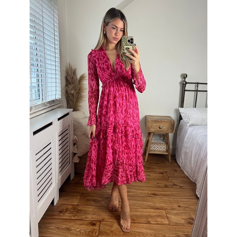 Birdie Frill Tie Back Dress / Pink Animal