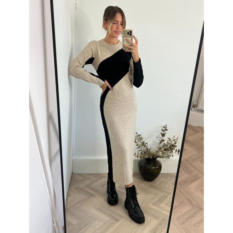Brynn Knitted Colourblock Midaxi Dress in Stone & Black