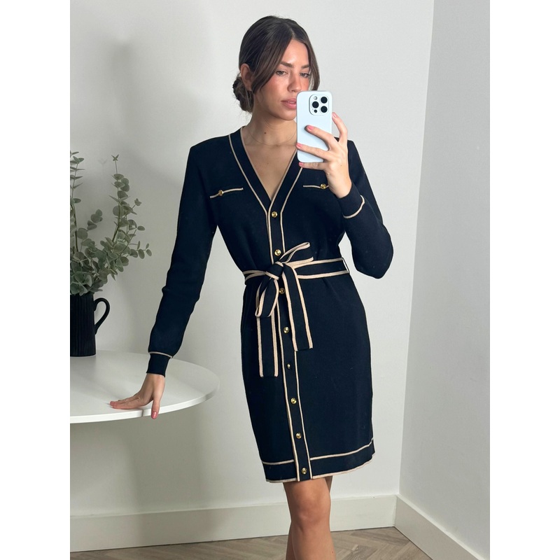 Calla Contrast Detail Knit Mini Dress in Black & Nude