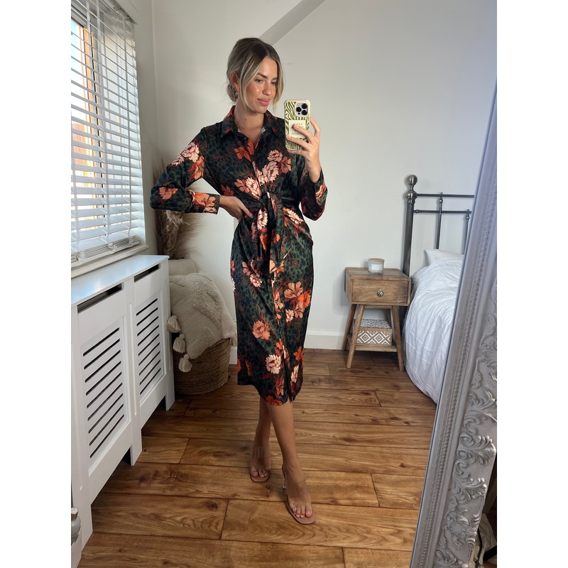 Cassie Tie Front Midi Dress / Khaki & Orange