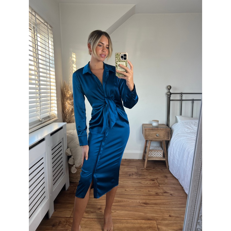 Cassie Tie Front Midi Dress / Peacock Blue