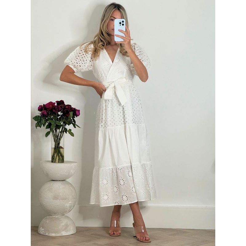 Claudia Puff Sleeve Broderie Midaxi Dress in White