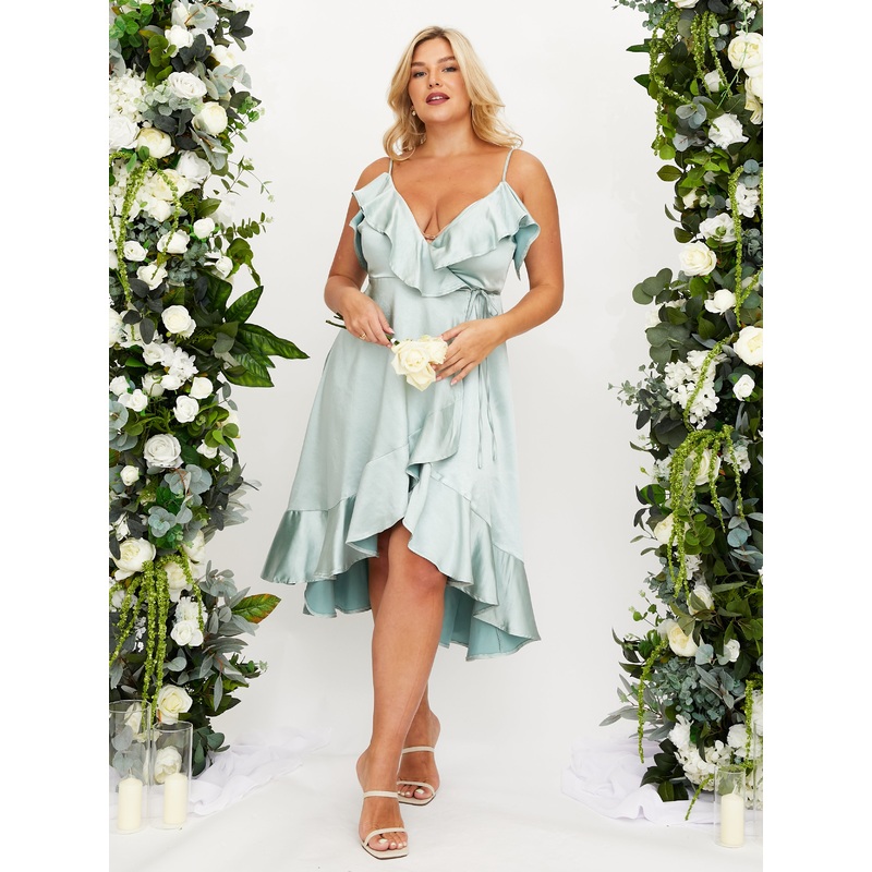 Cold Shoulder Midi Wrap Satin Dress / Sage