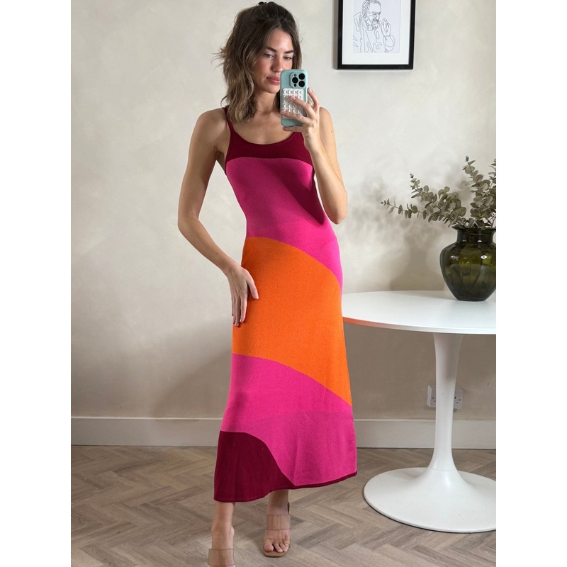 Colourblock Strappy Knitted Midi Dress in Orange & pink