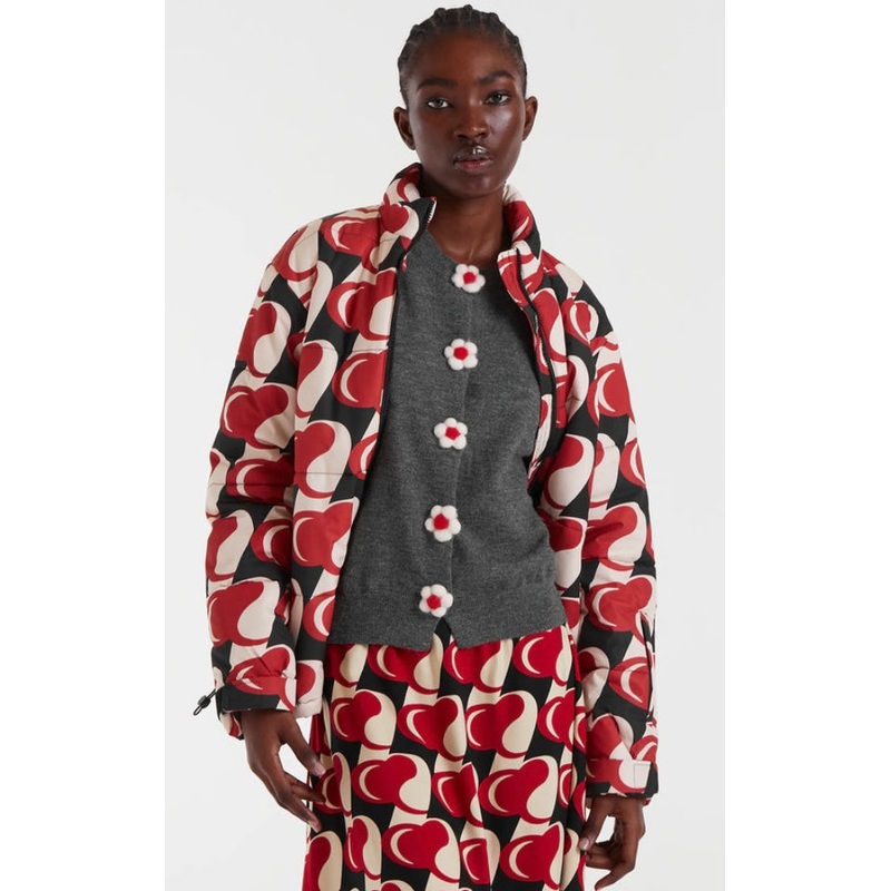 Compania Grey Fine Knit Cardigan with White /Red Flower Buttons