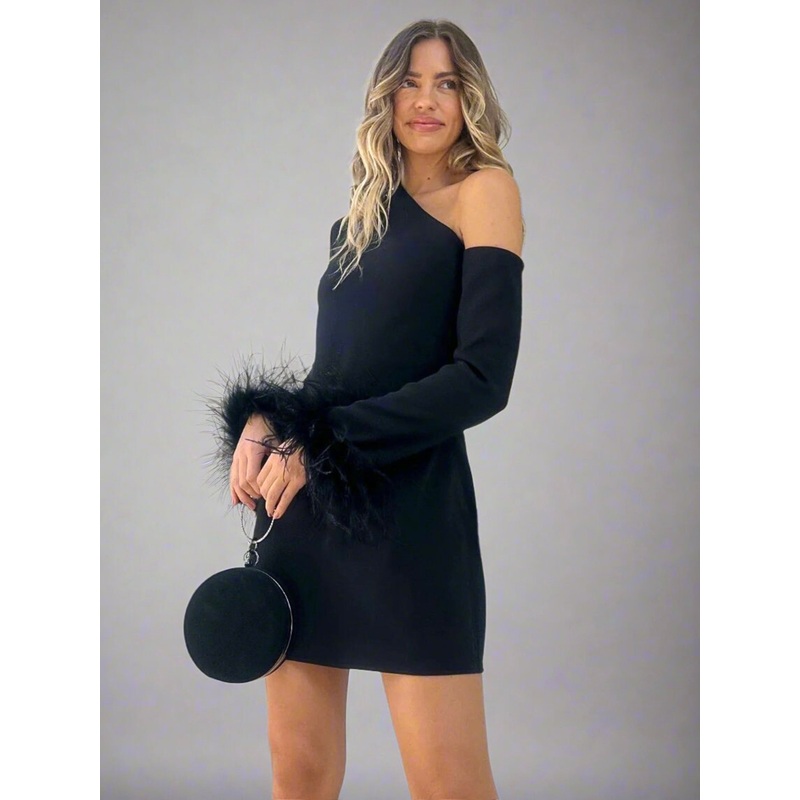 Dakotah Feather Cuff Asymmetric Mini Dress / Black